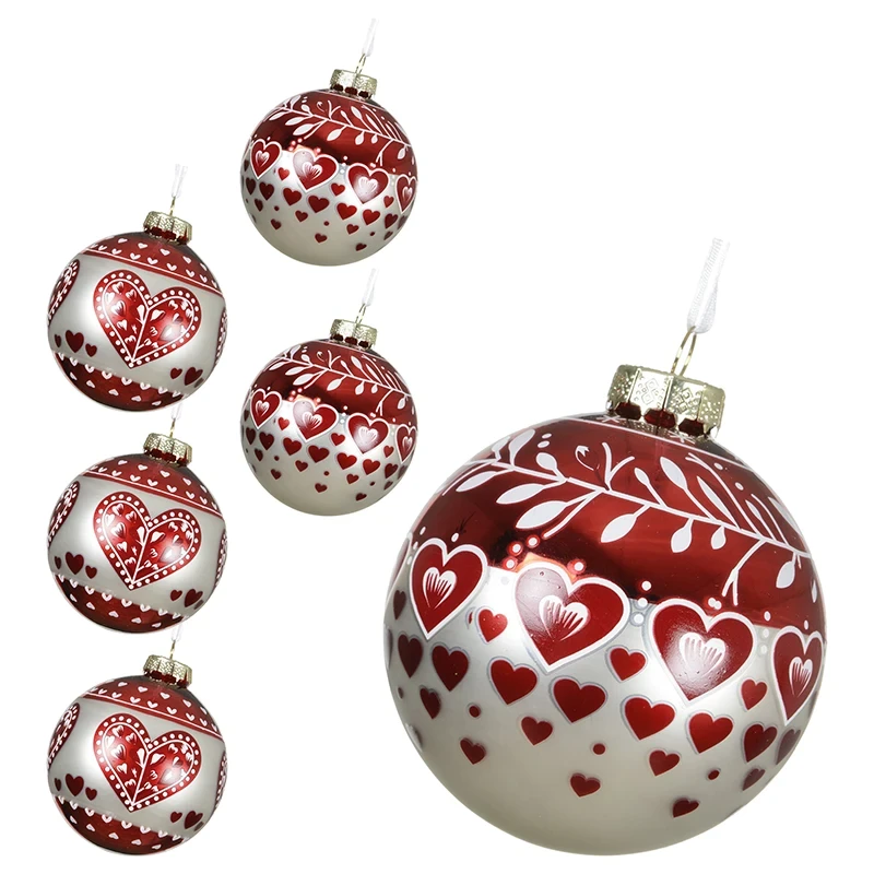 Bombki choinkowe z wzorem serc - 6 szt. 8 cm