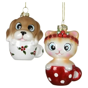 Pies lub kot w filiżance - szklana zawieszka choinkowa  9 cm