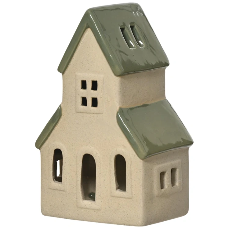 Domek - Porcelanowa figurka świąteczna biały z zielonym dachem