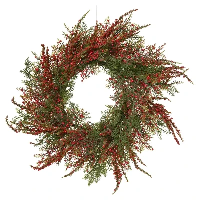 Zielony wianek z czerwonymi jagodami - 50 cm