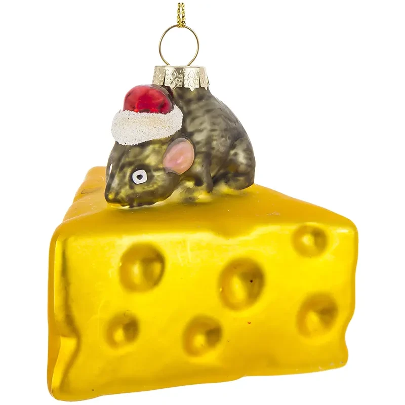 Mysz z kawałkiem sera - szklana zawieszka choinkowa 8,5 cm
