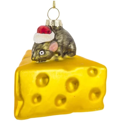 Mysz z kawałkiem sera - szklana zawieszka choinkowa 8,5 cm