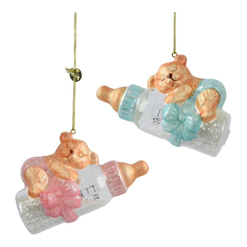 Niedźwiadek na butelce butelce - szklana zawieszka choinkowa 12 cm