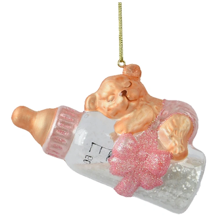 Niedźwiadek na butelce butelce - szklana zawieszka choinkowa 12 cm