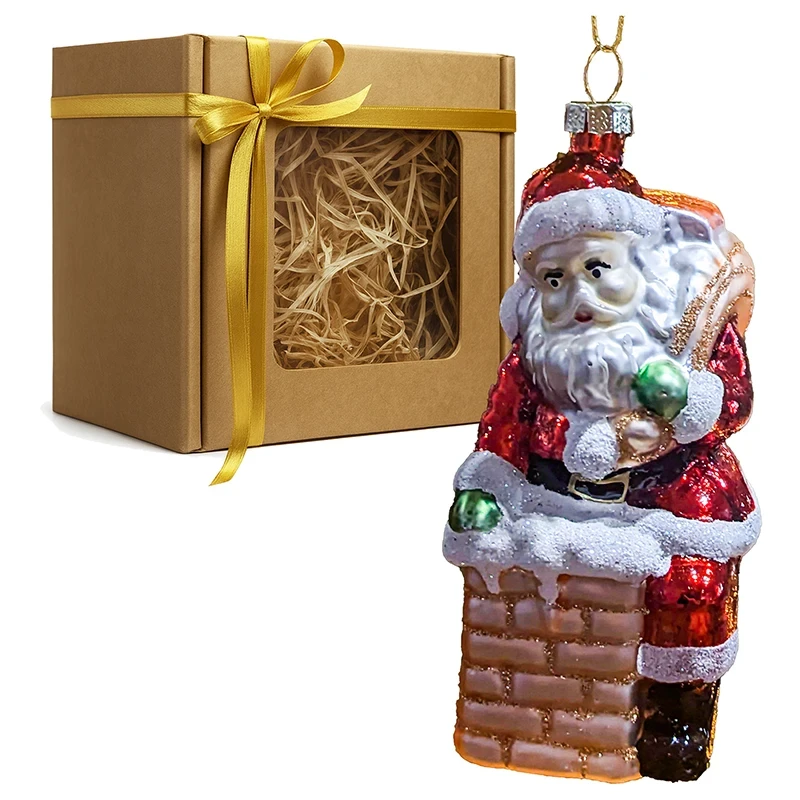 Mikołaj w kominie - szklana zawieszka choinkowa 12 cm