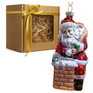 Mikołaj w kominie - szklana zawieszka choinkowa 12 cm