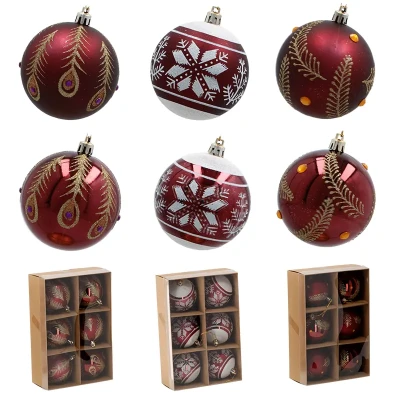 Bordowe plastikowe bombki choinkowe - 8 cm kpl. 6 szt. 3 wzory