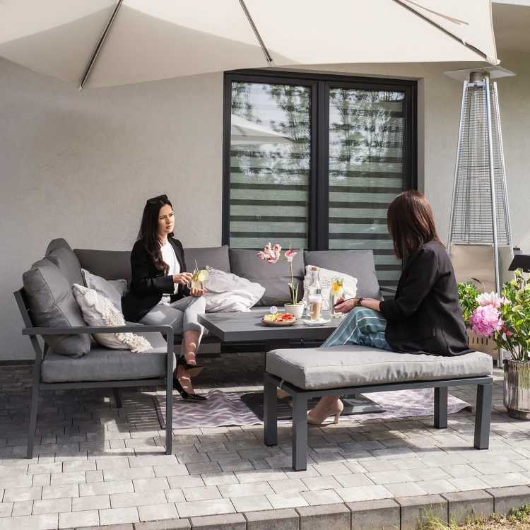 Aluminiowe meble ogrodowe zestaw wypoczynkowy stół sofa pufa
