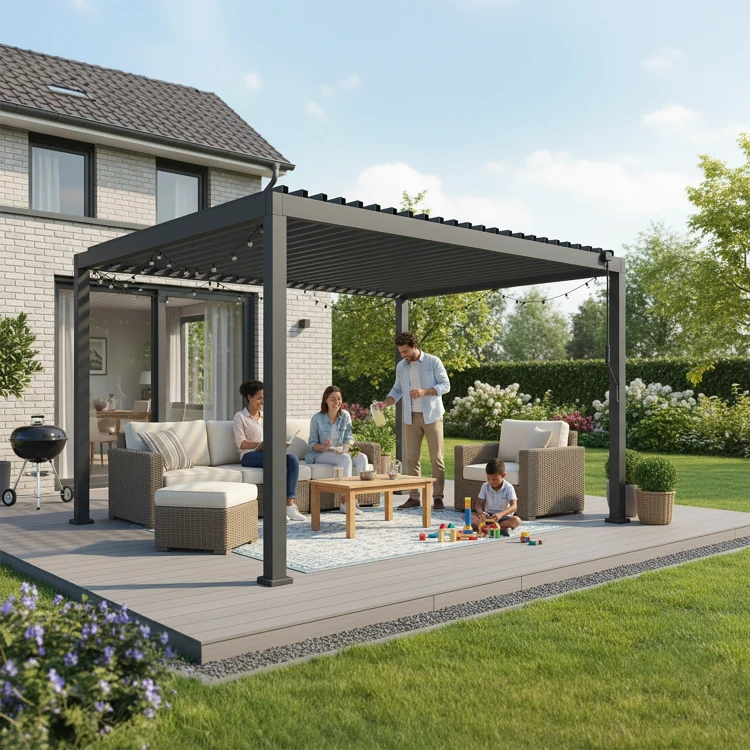 Szara aluminiowa pergola ogrodowa z oświetleniem LED 3x4x2,5M