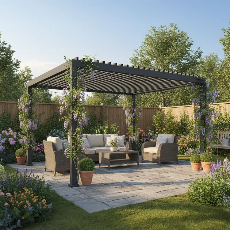 Szara aluminiowa pergola ogrodowa z oświetleniem LED 3x4x2,5M