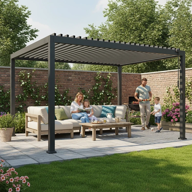 Szara aluminiowa pergola ogrodowa z oświetleniem LED 3x3x2,5m