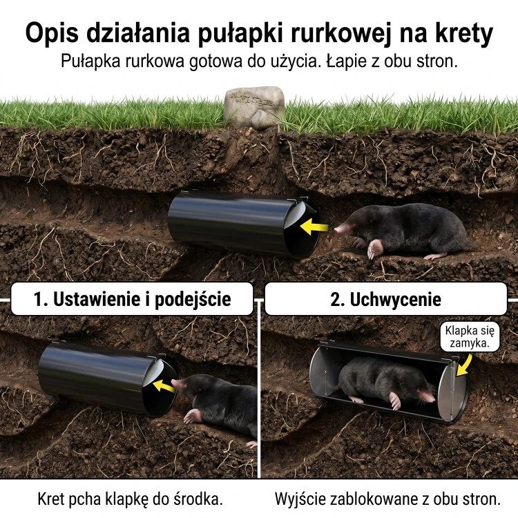 Tunelowa pułapka na krety z tworzywa do ogrodu 20 cm