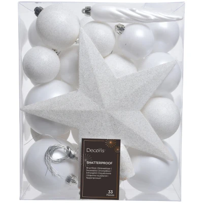 Biały zestaw plastikowych bombek choinkowych 33 el. 5-8 cm