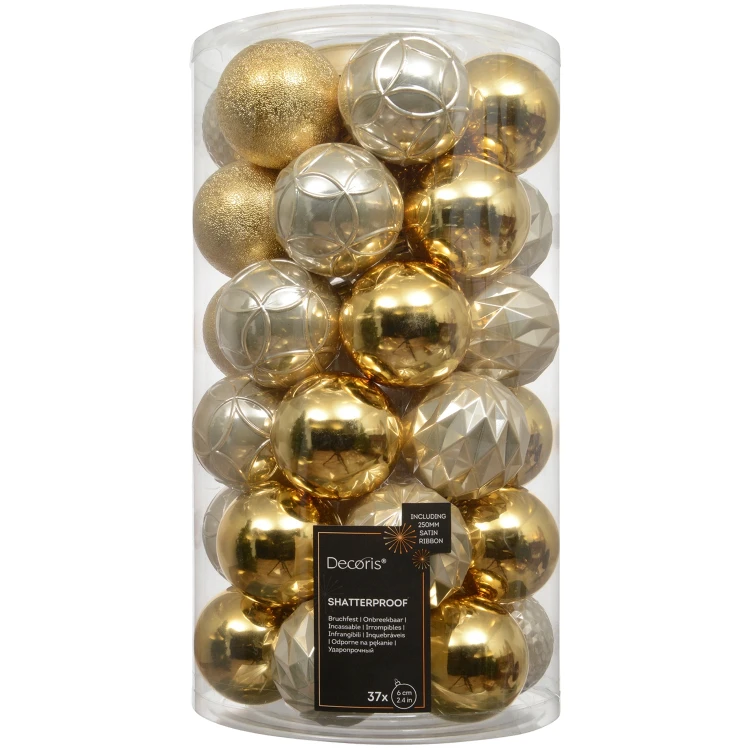 Złoto-perłowe plastikowe bombki choinkowe 37 szt. 6 cm