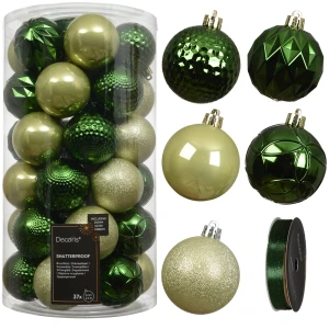 Zielono-pistacjowe plastikowe bombki choinkowe kpl 37 szt. 6 cm