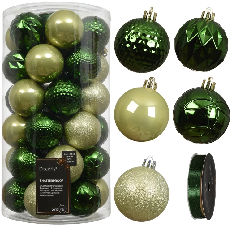 Zielono-pistacjowe plastikowe bombki choinkowe kpl 37 szt. 6 cm