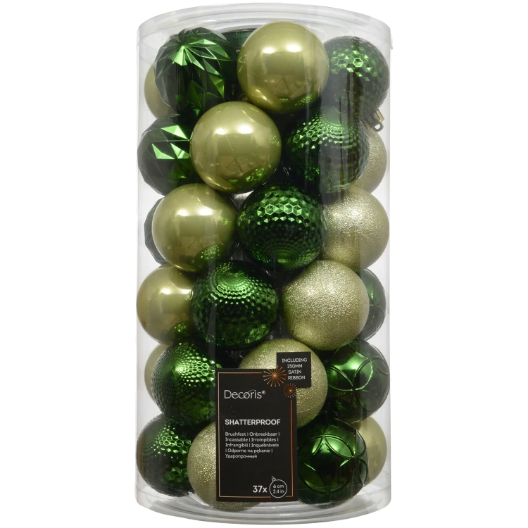 Zielono-pistacjowe plastikowe bombki choinkowe kpl 37 szt. 6 cm