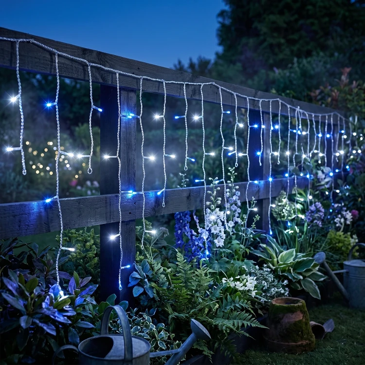Kurtyna świetlna 490LED 20m ciepły biały/niebieski FLASH przezroczysty kabel