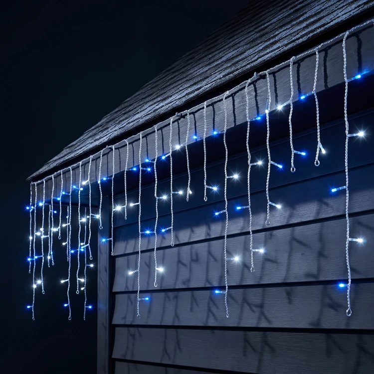 Kurtyna świetlna 490LED 20m ciepły biały/niebieski FLASH przezroczysty kabel