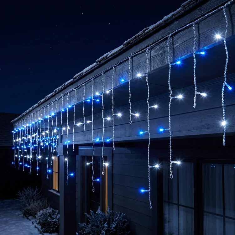 Kurtyna świetlna 490LED 20m ciepły biały/niebieski FLASH przezroczysty kabel