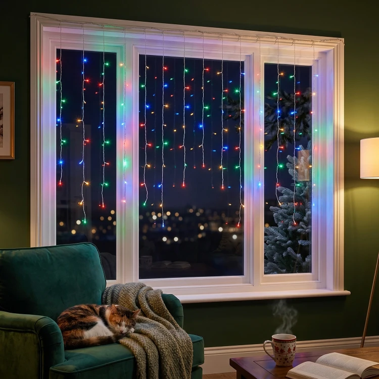 Kurtyna świetlna 175LED 7,5m wielokolorowe FLASH przezroczysty kabel
