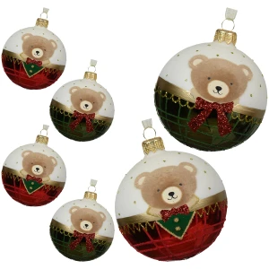 Czerwono-zielone bombki szklane z misiem kpl. 6 szt. 8 cm