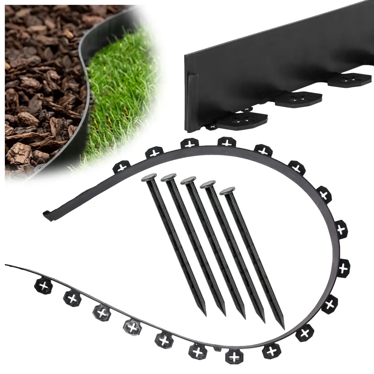 Elastyczne obrzeże FLEXI 50mm 1m czarne plastikowe +kotwy 5 szt GardenPlus