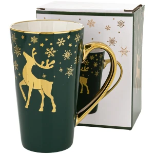 Kubek porcelanowy zielono-złoty z reniferem 450 ml ART-POL A171935