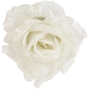 Biała róża na klipsie z brokatem 12 cm KAEMINGK 701435