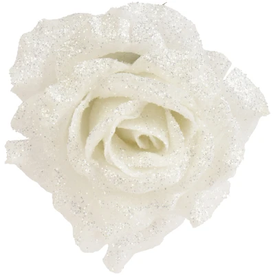 Biała róża na klipsie z brokatem 12 cm KAEMINGK 701435