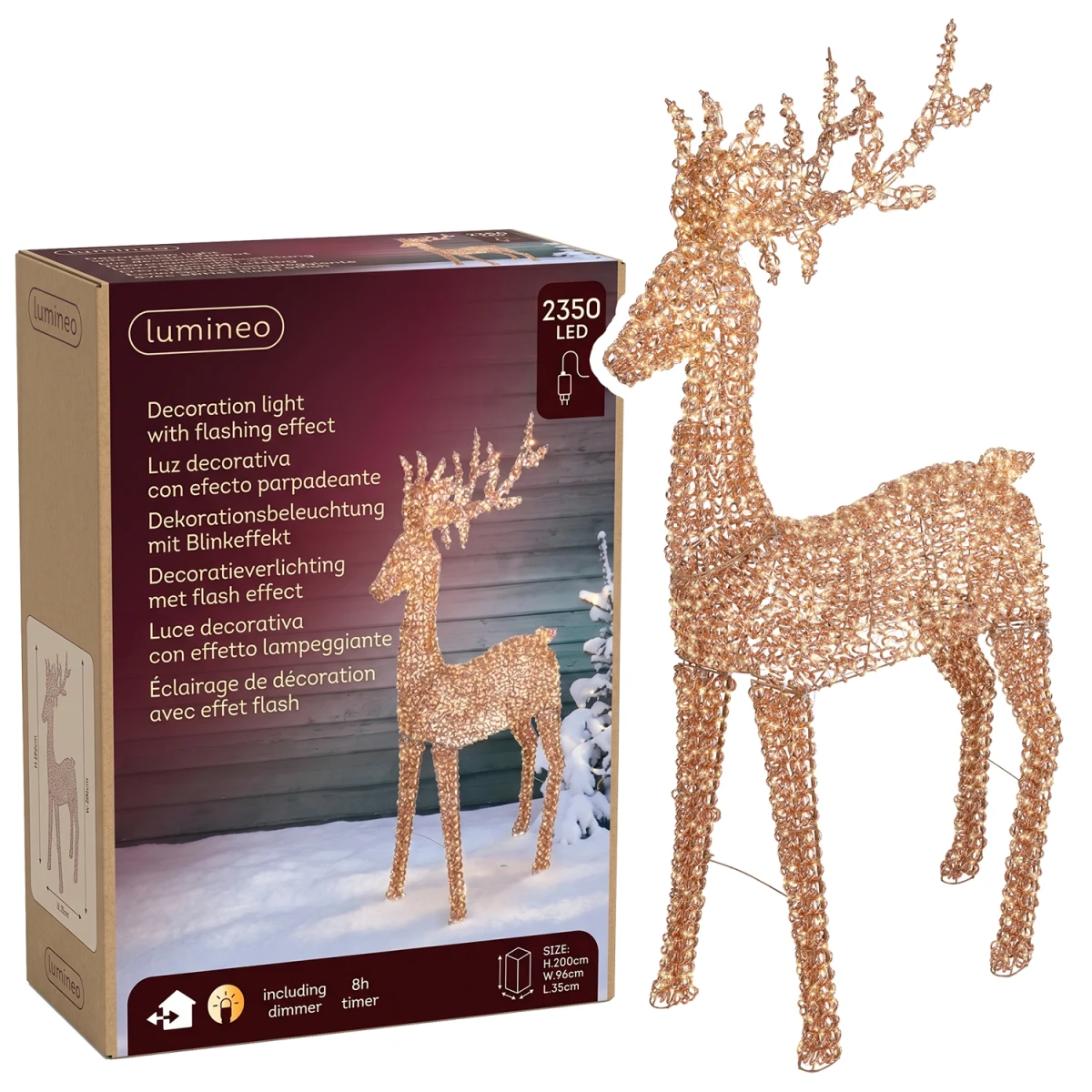 Renifer LED 200cm różowe złoto 2350 LED ciepły biały IP44 KAEMINGK 493962