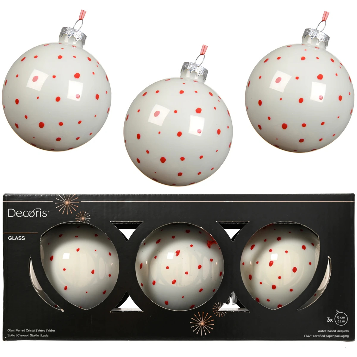 Bombki szklane 8 cm białe w czerwone kropki 3 szt. KAEMINGK 071564-1