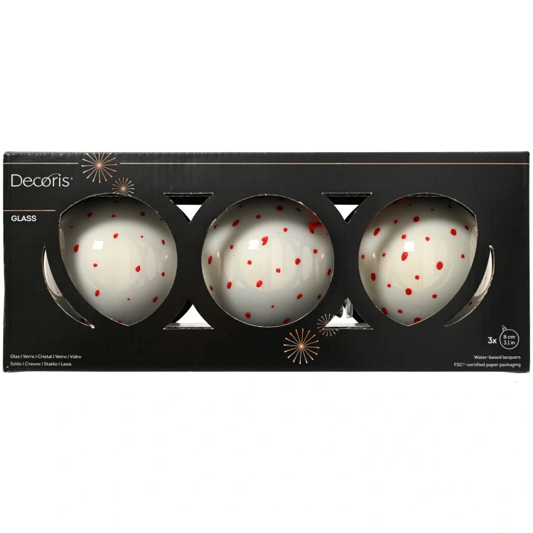 Bombki szklane 8 cm białe w czerwone kropki 3 szt. KAEMINGK 071564-1