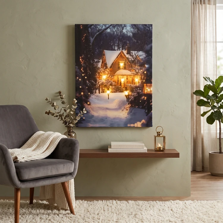 Obraz świąteczny LED 28x38 cm zimowy domek ciepła biel 6 LED KAEMINGK 481344-1