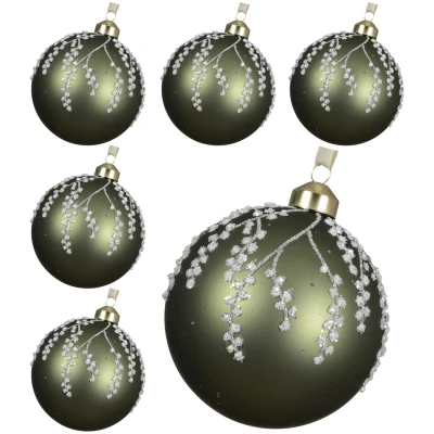 Bombki choinkowe szklane10 cm oliwkowe gałązki 6 szt. KAEMINGK 071413-2KPL