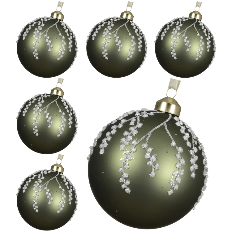 Bombki choinkowe szklane10 cm oliwkowe gałązki 6 szt. KAEMINGK 071413-2KPL