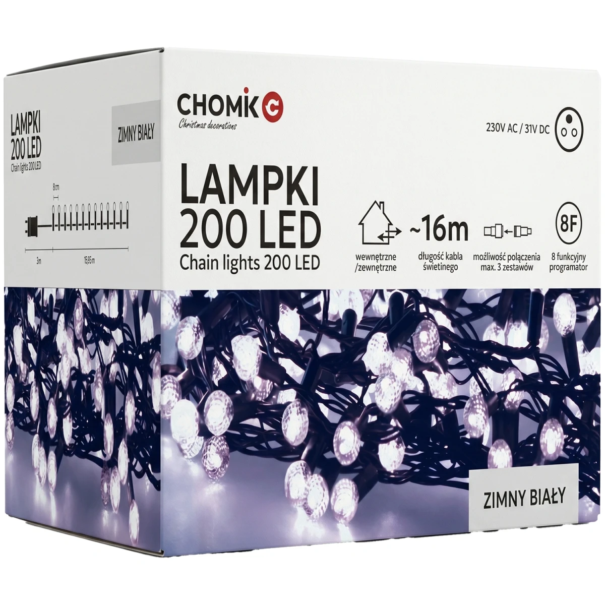 Lampki choinkowe Cherry Ball 200LED Zimny Biały 16M Timer LED997
