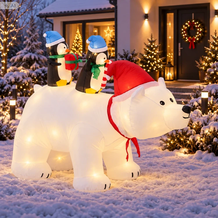 Dmuchany niedźwiedź polarny z pingwinami 200 cm LED SUN0431