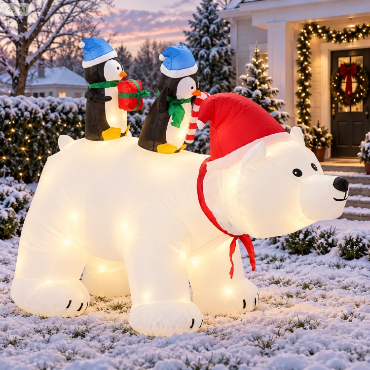 Dmuchany niedźwiedź polarny z pingwinami 200 cm LED SUN0431