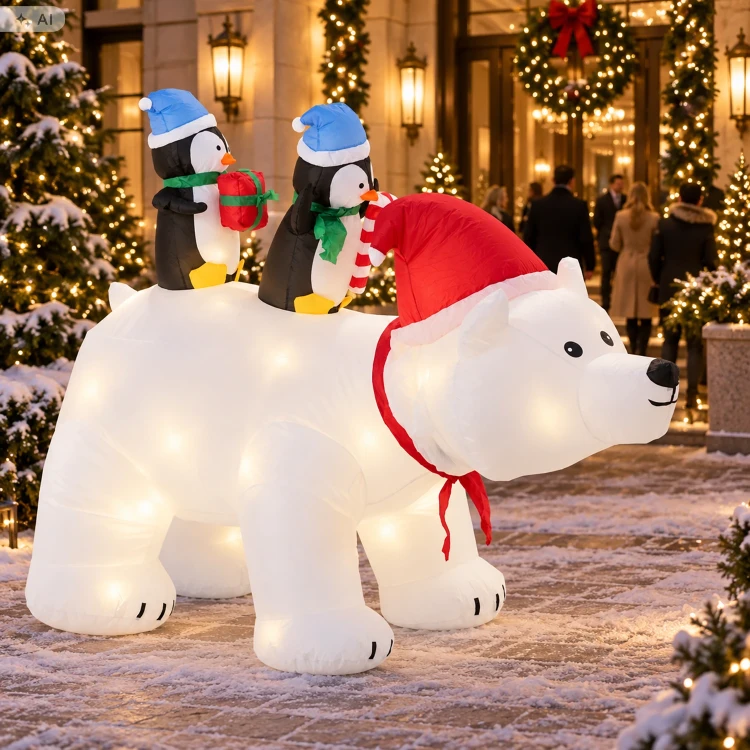 Dmuchany niedźwiedź polarny z pingwinami 200 cm LED SUN0431