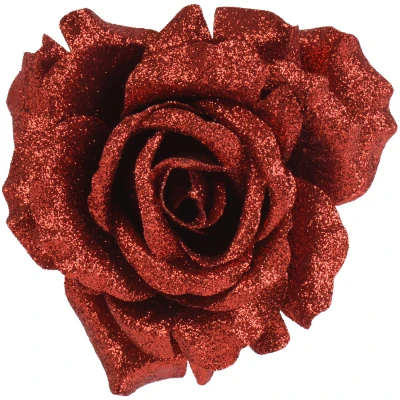 Kwiat na choinkę róża 12 cm czerwony brokat KAEMINGK 701433