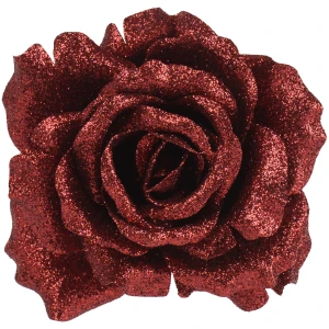 Róża na klipsie 12 cm bordowa brokatowa KAEMINGK 701434