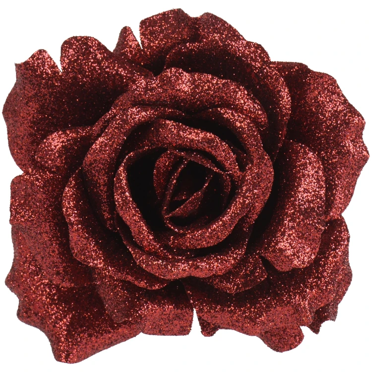 Róża na klipsie 12 cm bordowa brokatowa KAEMINGK 701434
