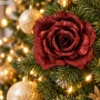 Róża na klipsie 12 cm bordowa brokatowa KAEMINGK 701434