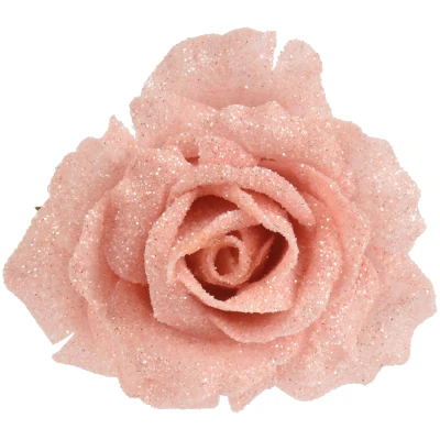 Róża na klipsie 12 cm pudrowy róż brokat KAEMINGK 701437