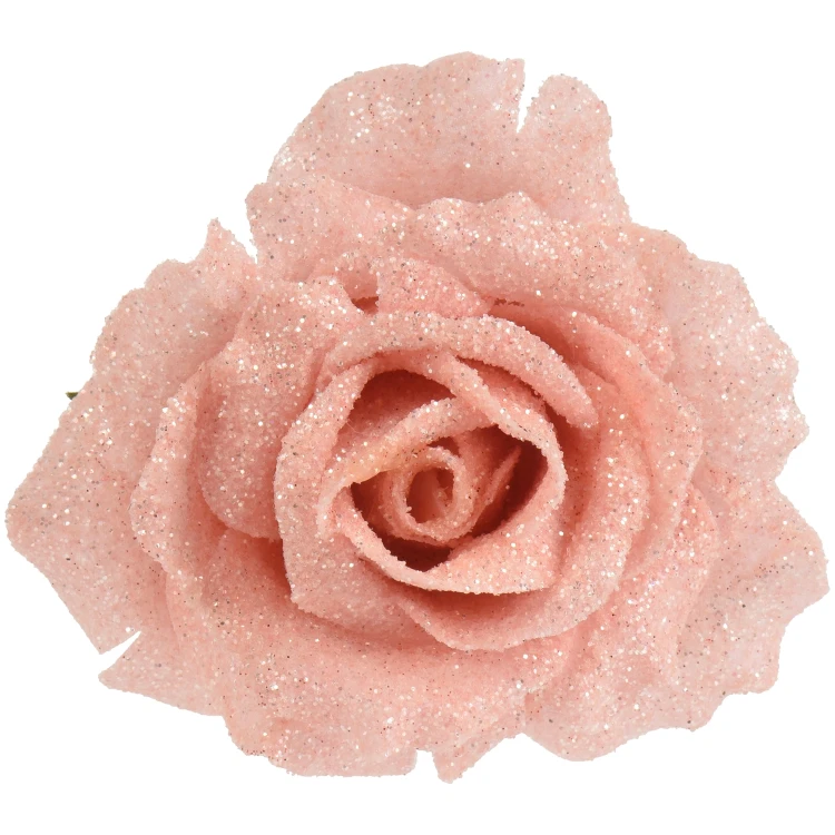 Róża na klipsie 12 cm pudrowy róż brokat KAEMINGK 701437