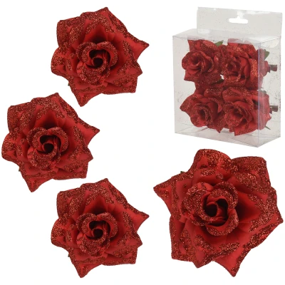 Róże na klipsie 8 cm czerwone brokatowe 4 szt. KAEMINGK 701439
