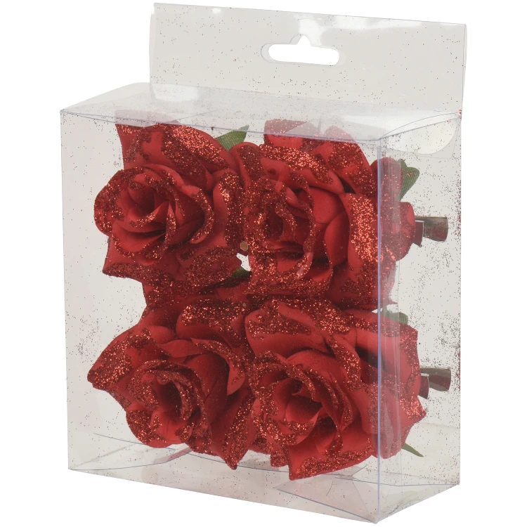 Róże na klipsie 8 cm czerwone brokatowe 4 szt. KAEMINGK 701439