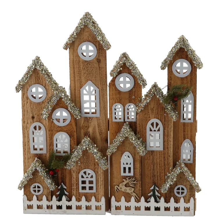 Drewniany domek LED 40x50 cm na baterie dekoracja DEL3370