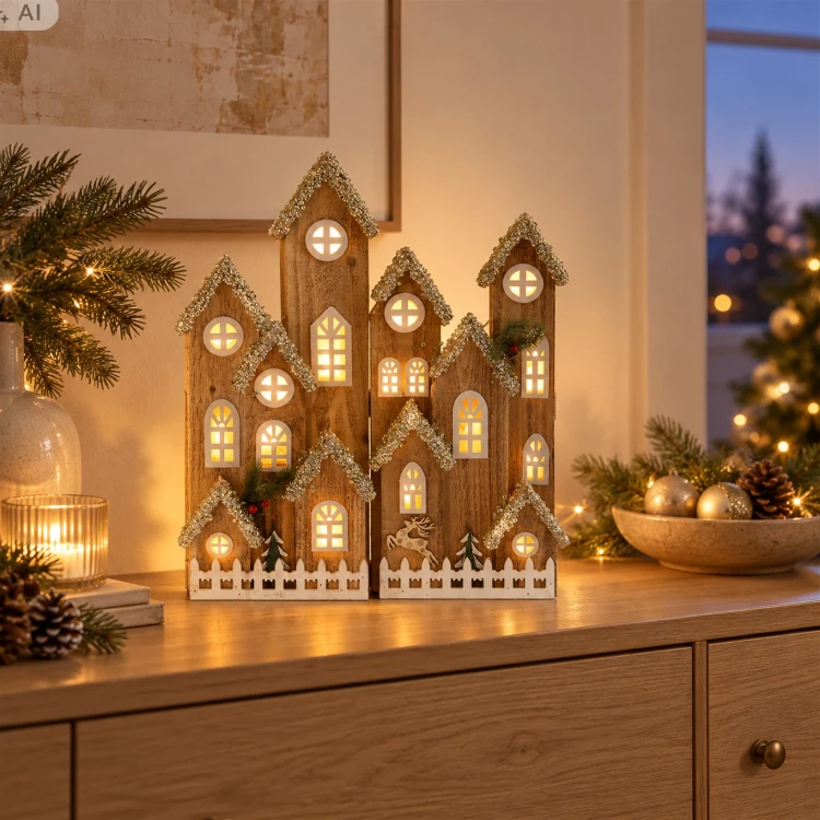 Drewniany domek LED 40x50 cm na baterie dekoracja DEL3370